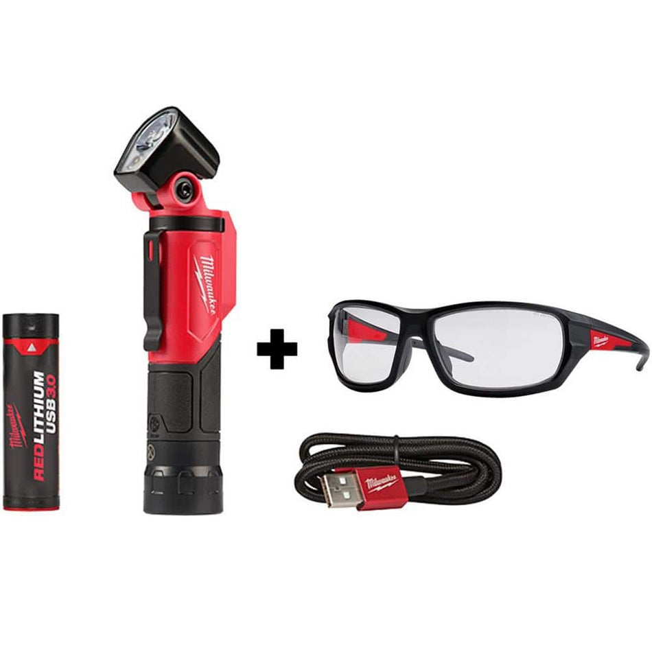 Milwaukee 500 Lumens LED Pivoting REDLITHIUM USB Flashlight with Performance Safety Glasses