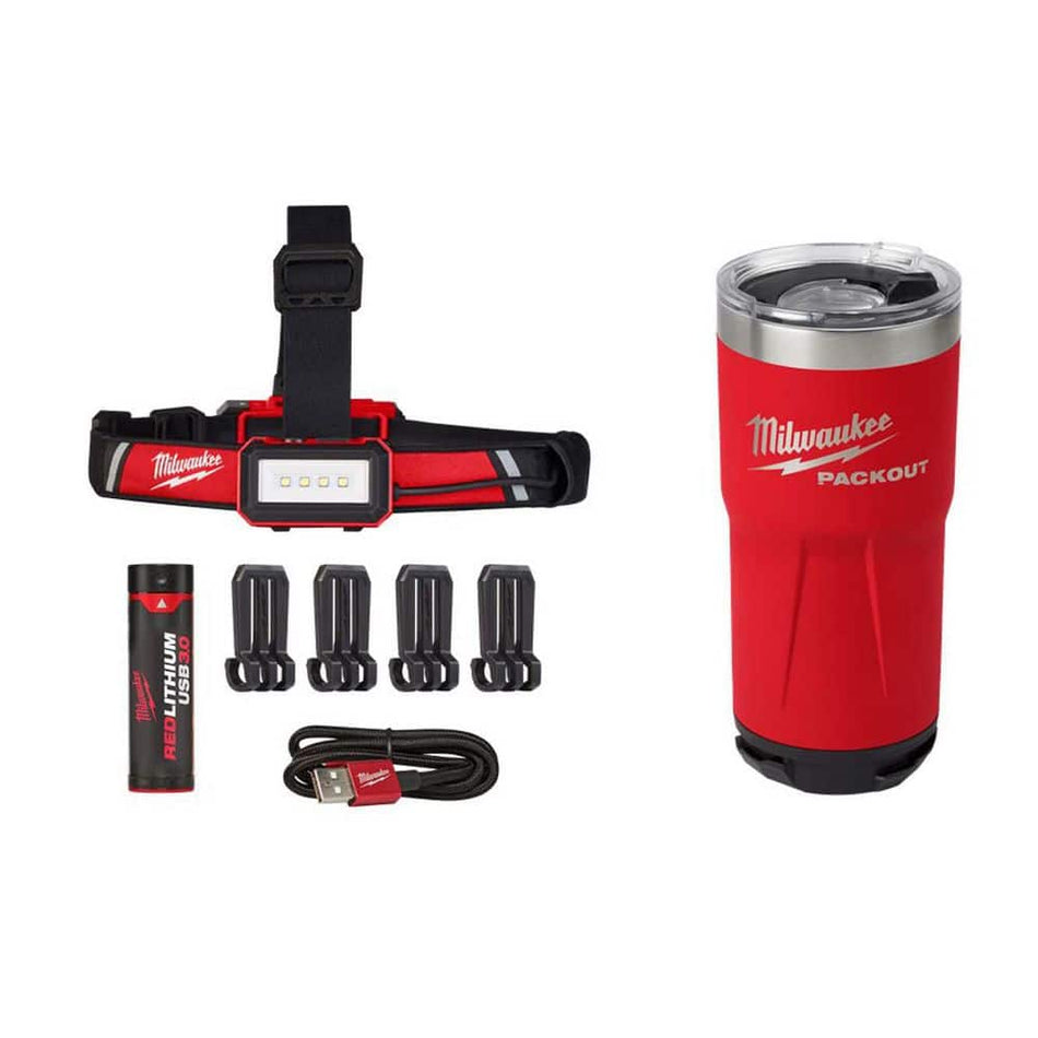 Milwaukee 600 Lumens LED REDLITHIUM USB Low-Profile Hard Hat Headlamp with PACKOUT Red 20 oz. Tumbler