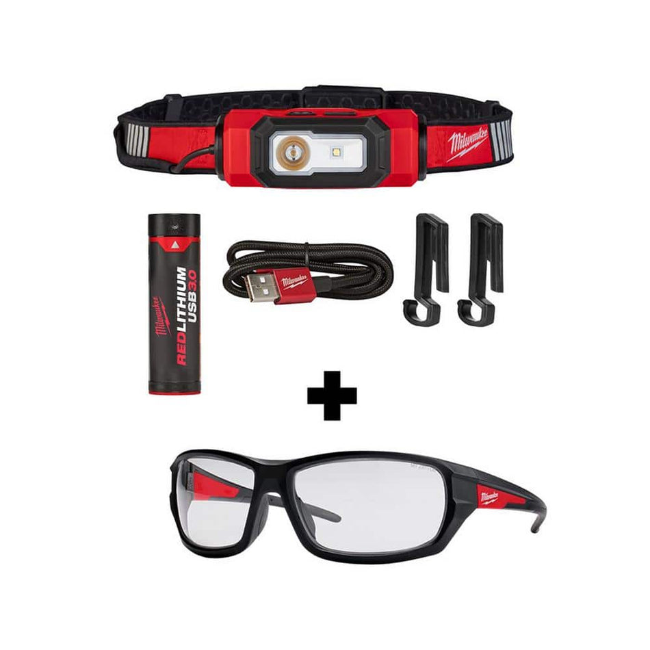 Milwaukee 600 Lumens LED REDLITHIUM USB 360-Degree Visibility Hard Hat Headlamp with Performance Safety Glasses