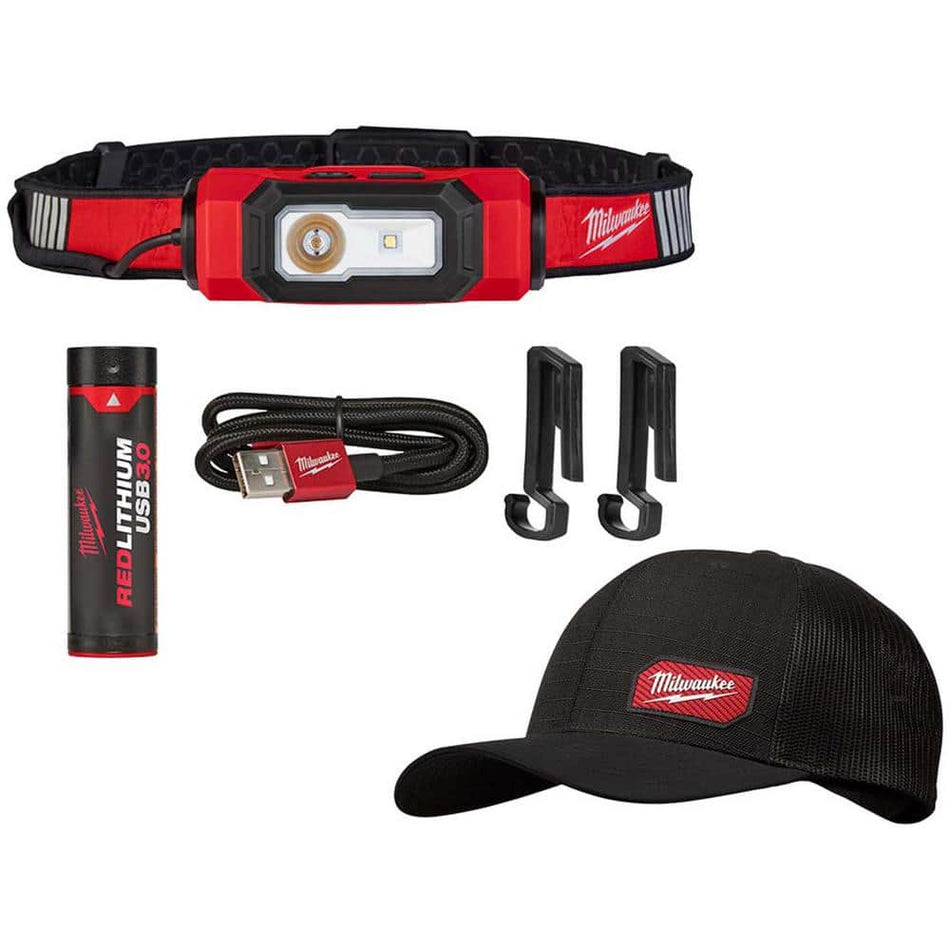 Milwaukee 600 Lumens LED REDLITHIUM USB 360-Degree Visibility Hard Hat Headlamp with GRIDIRON Black Adjustable Fit Trucker Hat