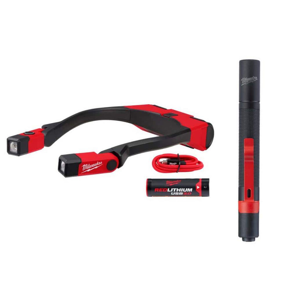 Milwaukee 400 Lumens LED REDLITHIUM Rechargeable Neck Light and 100 Lumens Aluminum Pen Light with Clip