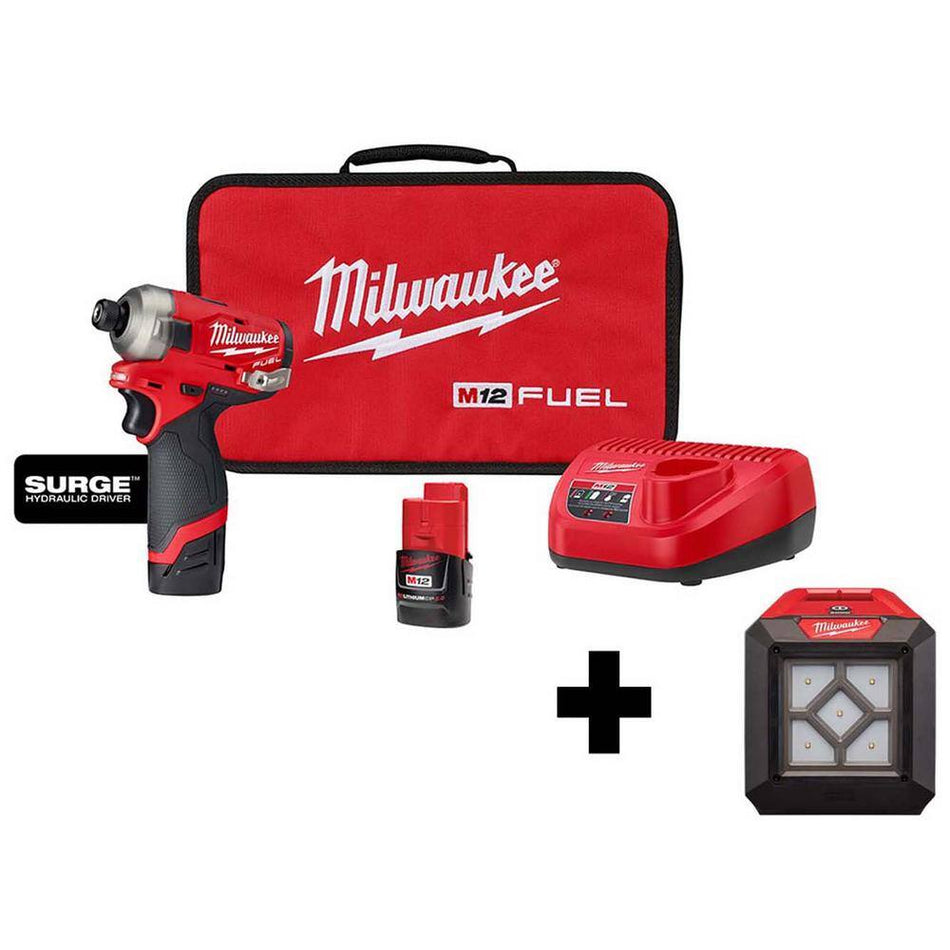 Milwaukee M12 FUEL SURGE 12V Lithium-Ion Brushless Cordless 1/4 in. Hex Impact Driver Compact Kit with M12 Flood Light