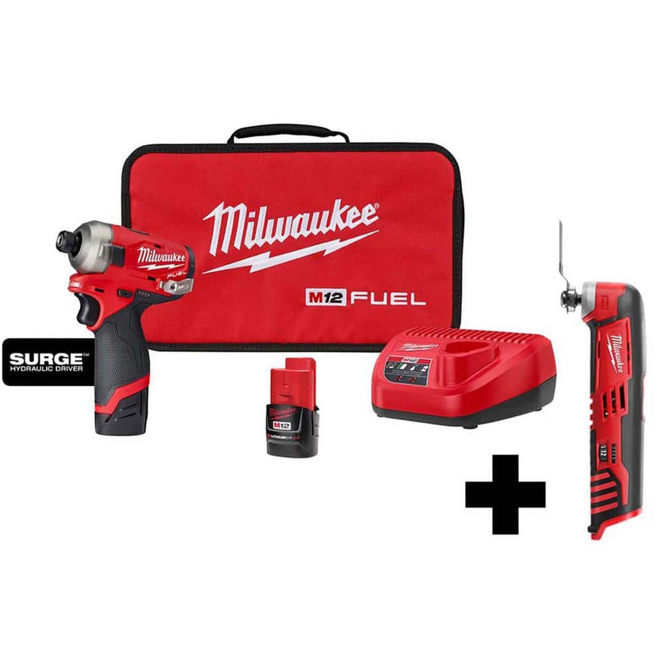 Milwaukee M12 FUEL SURGE 12V Lithium-Ion Brushless Cordless 1/4 in. Hex Impact Driver Compact Kit with M12 Multi-Tool