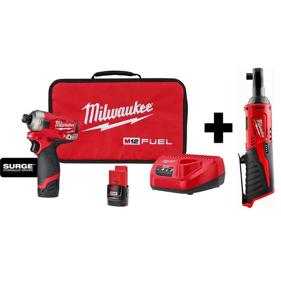 Milwaukee M12 FUEL SURGE 12V Lithium-Ion Brushless Cordless 1/4 in. Hex Impact Driver Compact Kit w/ M12 3/8 in. Ratchet