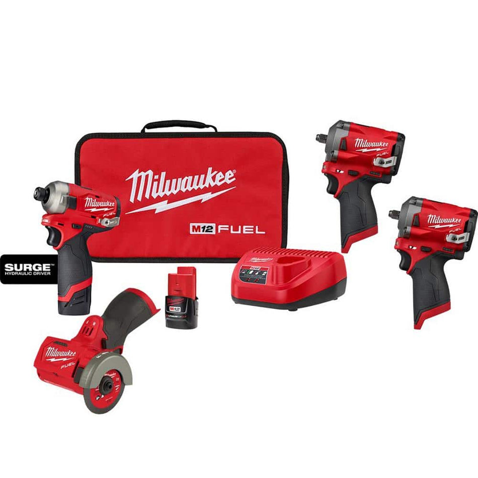 Milwaukee M12 FUEL SURGE 12V Li-Ion Brushless Cordless 1/4" Hex Impact Driver Kit w/ Two M12 FUEL Impact Wrenches & Cutoff Saw