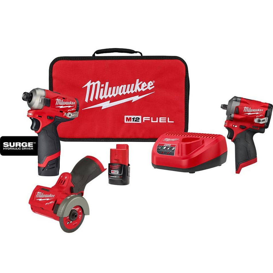 Milwaukee M12 FUEL SURGE 12V Lithium-Ion Brushless Cordless 1/4" Hex Impact Driver Kit w/M12 FUEL Impact Wrench & Cutoff Saw