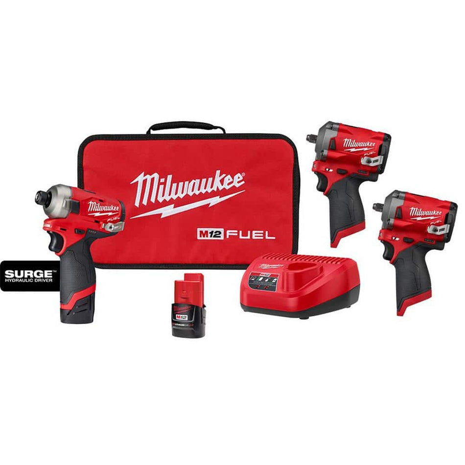 Milwaukee M12 FUEL SURGE 12V Lithium-Ion Brushless Cordless 1/4 in. Hex Impact Driver Kit w/(2) M12 FUEL 3/8" Impact Wrenches