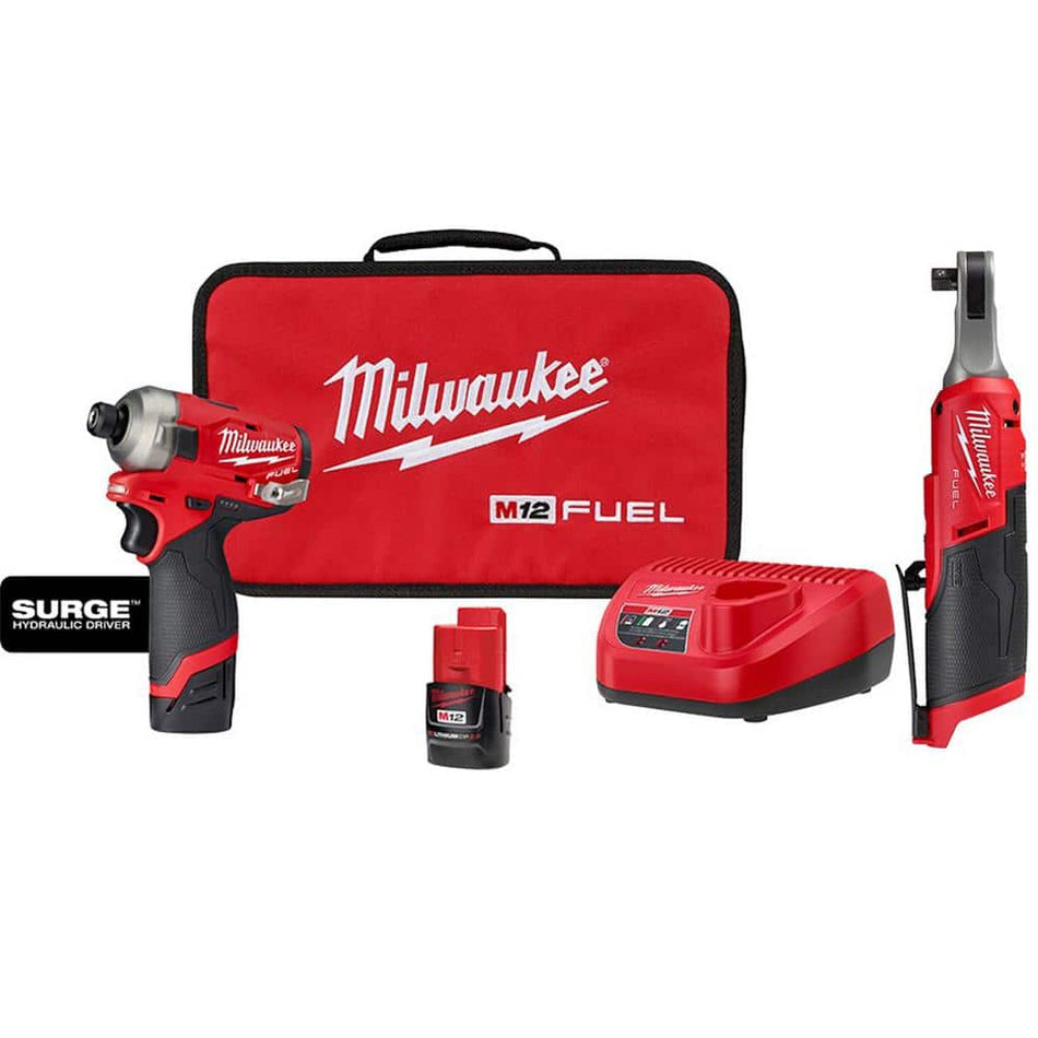 Milwaukee M12 FUEL 12V Lithium-Ion Cordless SURGE 1/4 in. Hex Impact Driver and M12 FUEL High Speed 3/8 in. Ratchet Combo Kit