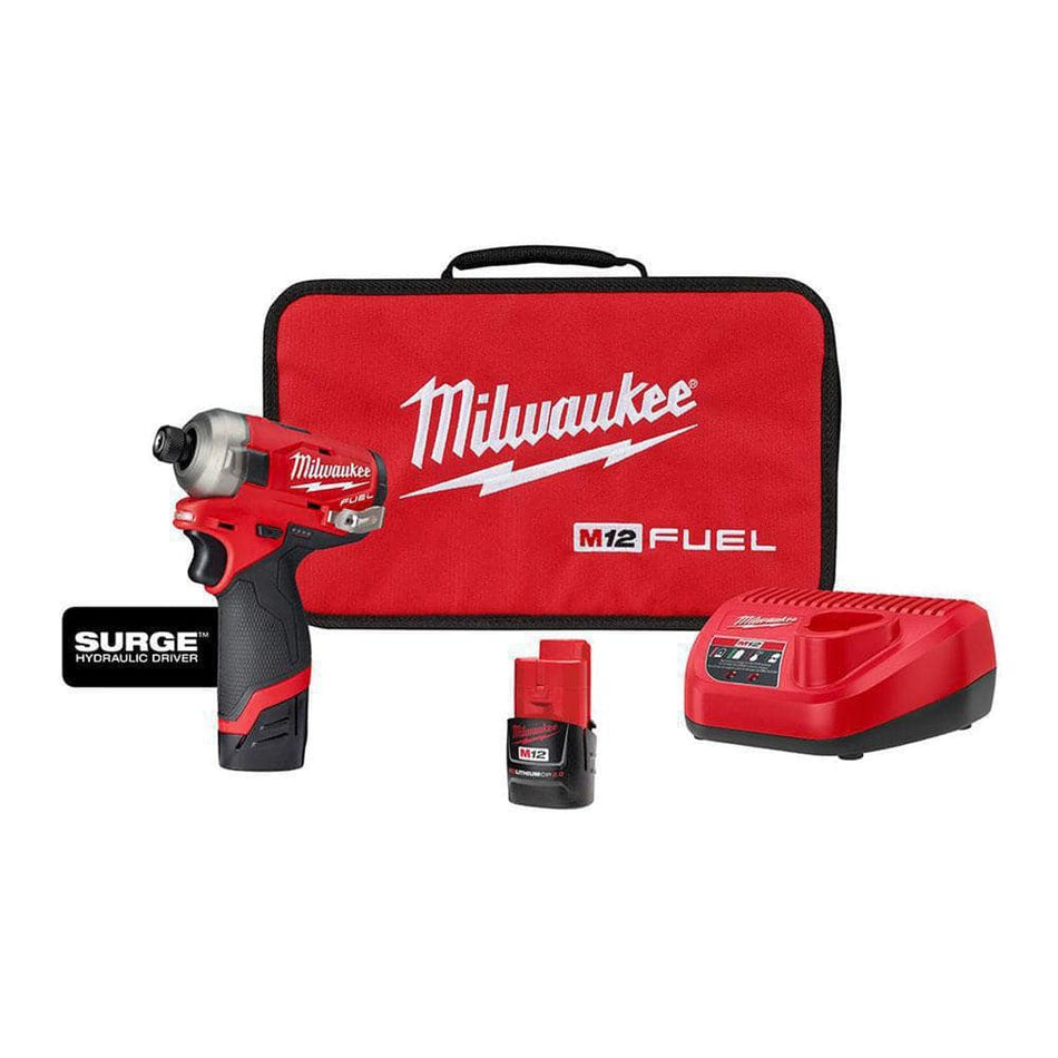 Milwaukee M12 FUEL SURGE 12V Lithium-Ion Brushless Cordless 1/4 in. Hex Impact Driver Compact Kit w/Two 2.0Ah Batteries, Bag