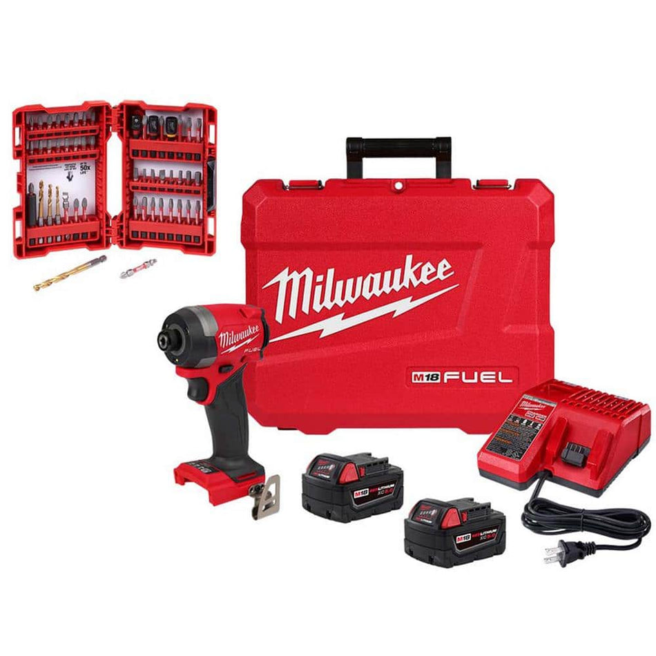 Milwaukee M18 FUEL 18-Volt Lithium-Ion Brushless Cordless Impact Driver XC Kit with SHOCKWAVE Screw Driver Bit Set (50-Piece)