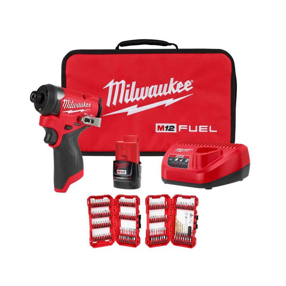 Milwaukee M12 FUEL 12V 1/4 in. Hex Impact Driver Compact Kit w/SHOCKWAVE Impact Duty Alloy Steel Screw Driver Bit Set (120-Piece)