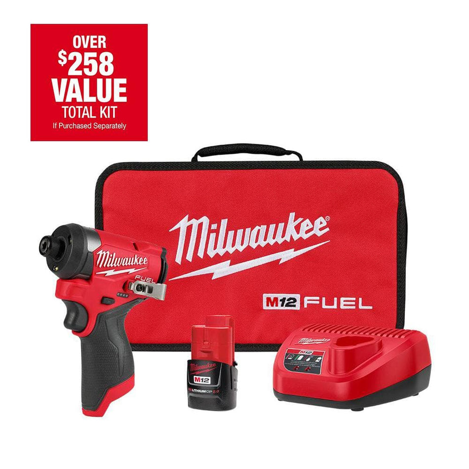 Milwaukee M12 FUEL 12-Volt Lithium-Ion Brushless Cordless 1/4 in. Hex Impact Driver Compact Kit W 2.0Ah Battery and Bag