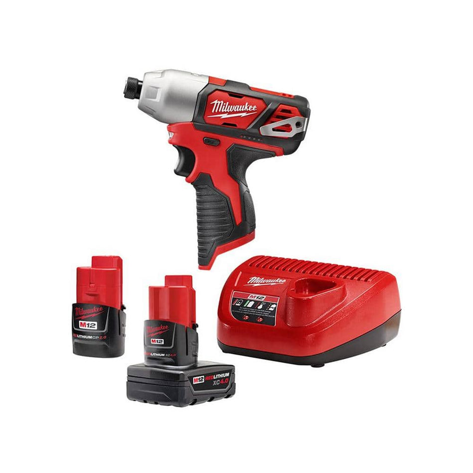 Milwaukee M12 12-Volt Lithium-Ion 4.0 Ah and 2.0 Ah Battery Packs and Charger Starter Kit w/ 1/4 in. Impact Driver