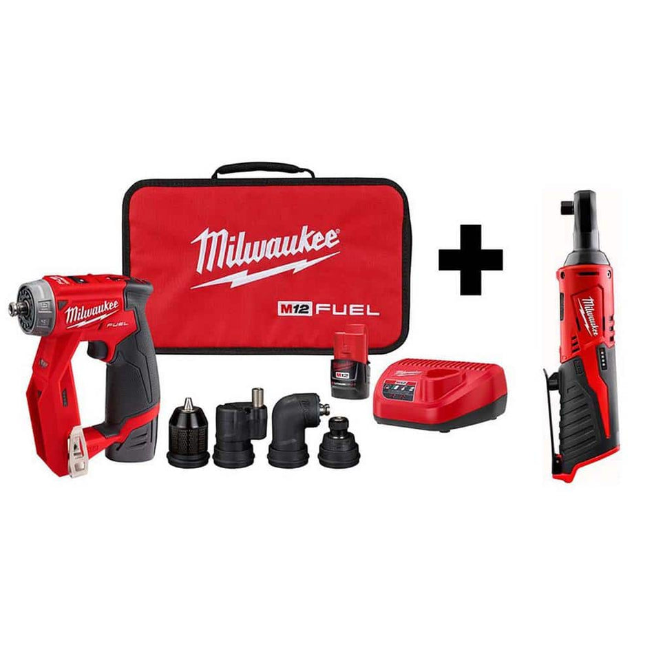 Milwaukee M12 FUEL 12V Lithium-Ion Brushless Cordless 4-in-1 Installation 3/8 in. Drill Driver Kit W/ M12 3/8 in. Ratchet