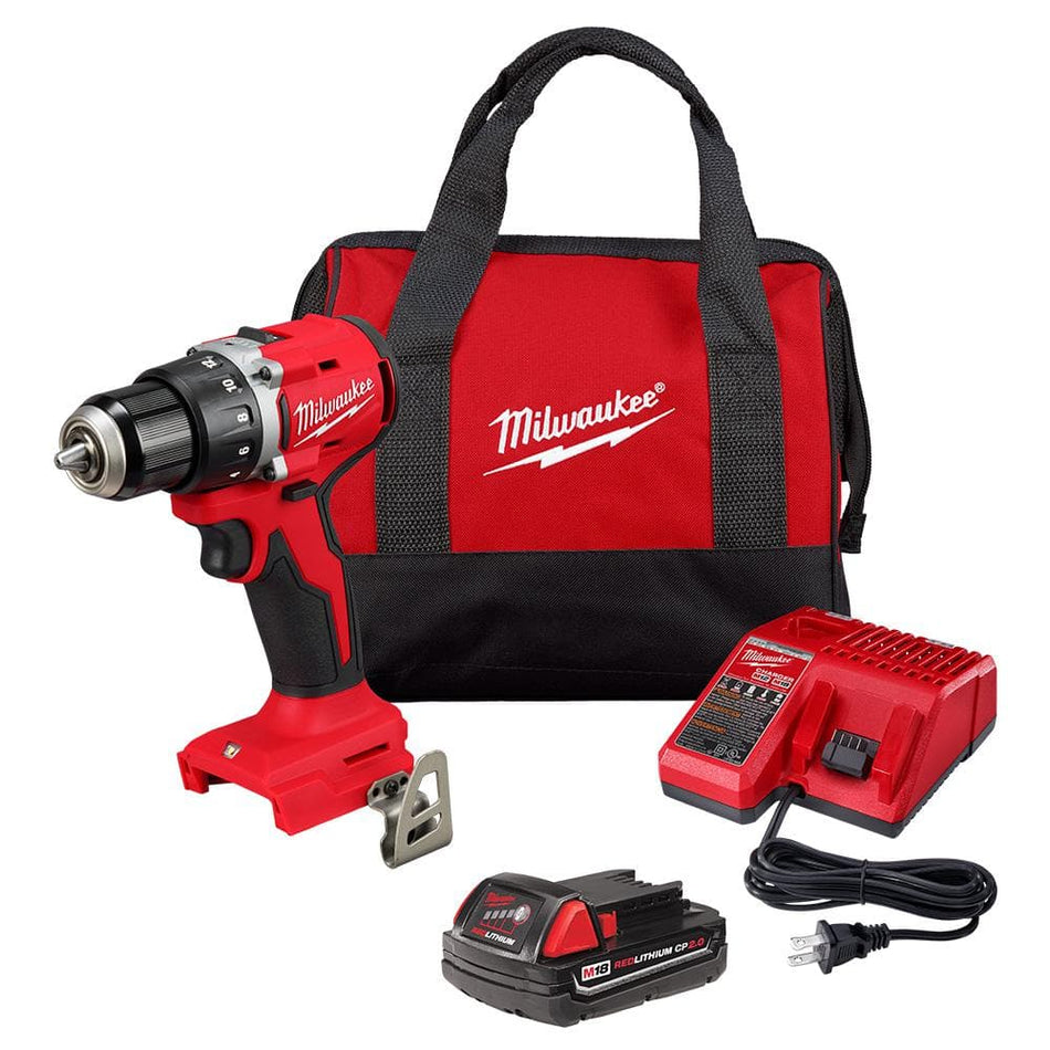 Milwaukee M18 18V Lithium-Ion Brushless Cordless 1/2 in. Compact Drill/Driver with One 2.0 Ah Battery, Charger and Tool Bag