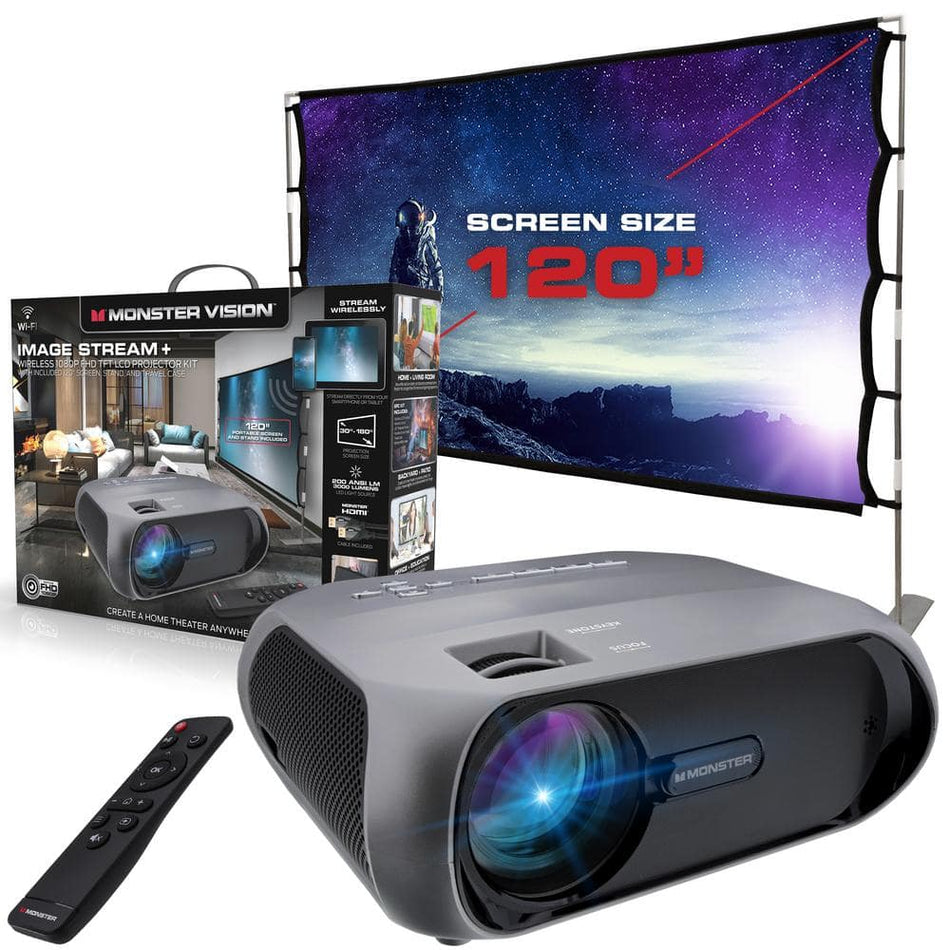 Monster Vision 1920 x 1080p LCD TFT Technology Home Projector Kit, with 2000 Lumens, Comes With 120 Inch Screen/Carrying Case