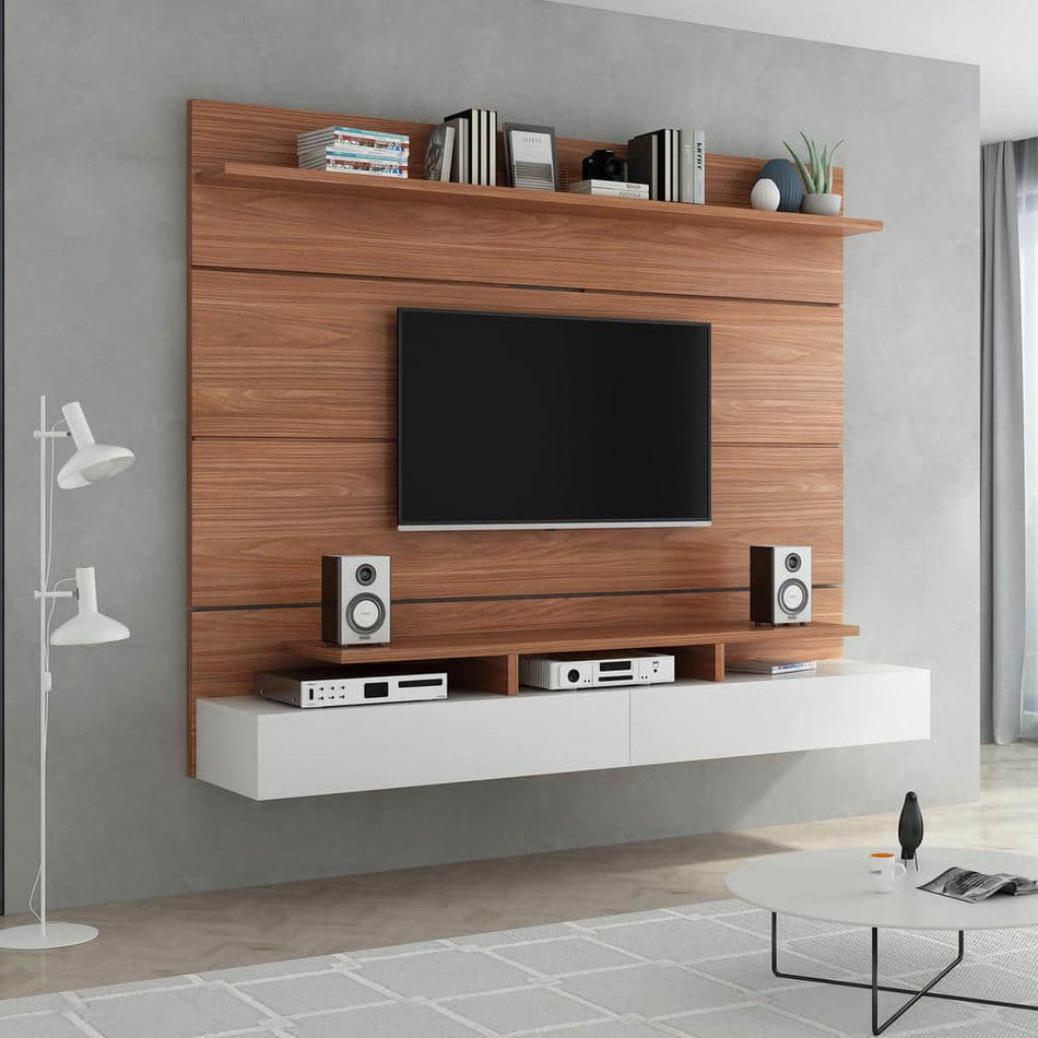 Harper & Bright Designs Natural Wood Modern Wall Mounted Floating Entertainment Center Fits TV up to 80 in. TV Stand with 2-Drop Down Doors