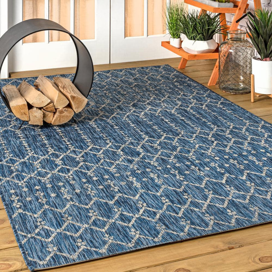 JONATHAN Y Ourika Moroccan Navy/Light Gray 7 ft. 9 in. x 10 ft. Geometric Textured Weave Indoor/Outdoor Area Rug