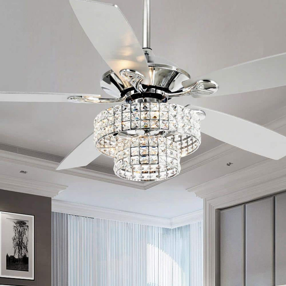 Parrot Uncle Howell 52 in. Indoor Downrod Mount Crystal Chrome Ceiling Fan Chandelier with Light Kit and Remote Control