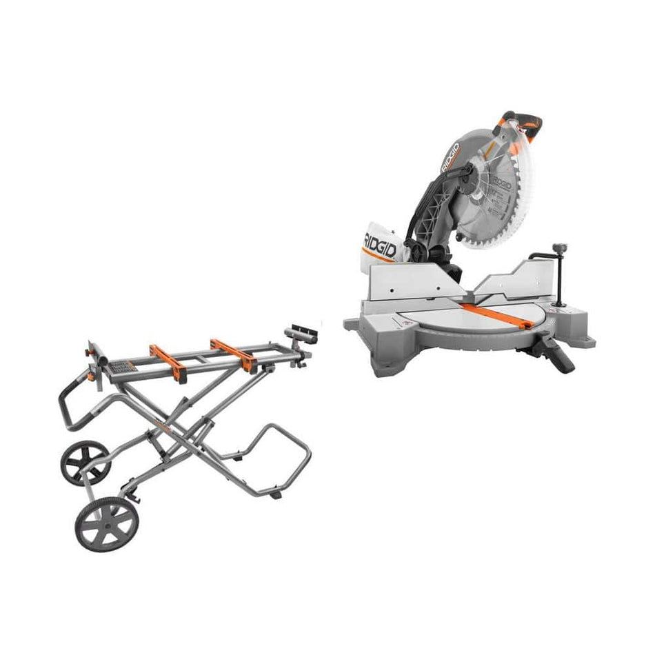 RIDGID 15 Amp Corded 12 in. Dual Bevel Miter Saw with LED and Universal Mobile Miter Saw Stand with Mounting Braces