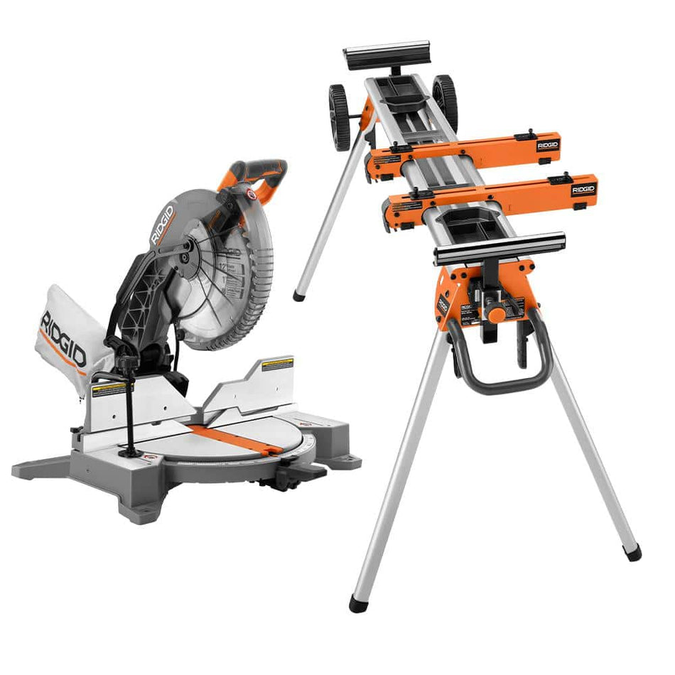 RIDGID 15 Amp Corded 12 in. Dual Bevel Miter Saw with Professional Compact Miter Saw Stand