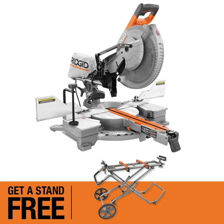 RIDGID 15 Amp 12 in. Corded Sliding Miter Saw and Universal Mobile Miter Saw Stand with Mounting Braces