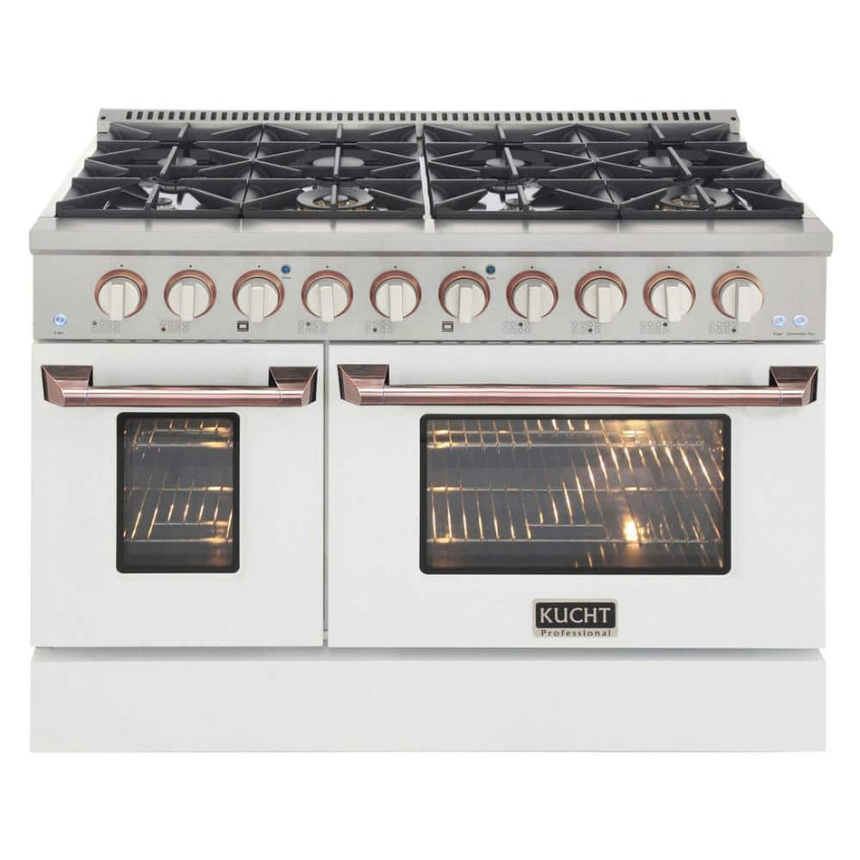 Kucht Custom KNG 48 in. 6.7 cu. ft. Natural Gas Range Double Oven with Convection in White with White Knobs and Rose Handle