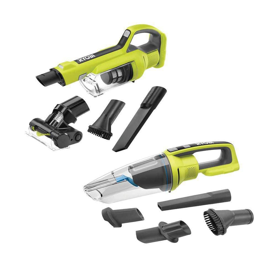 RYOBI ONE+ 18V Cordless Hand Vacuum with Powered Brush with ONE+ 18V Cordless Wet/Dry Hand Vacuum (Tools Only)