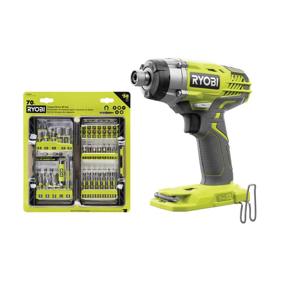 RYOBI ONE+ 18V Cordless 3-Speed 1/4 in. Hex Impact Driver (Tool Only) with Impact Rated Driving Kit (70-Piece)