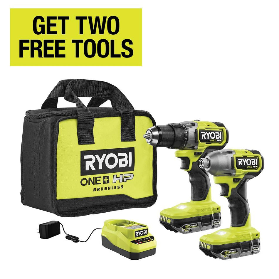 RYOBI ONE+ HP 18V Brushless Cordless 1/2 in. Drill/Driver and Impact Driver Kit w/(2) 2.0 Ah Batteries, Charger, and Bag