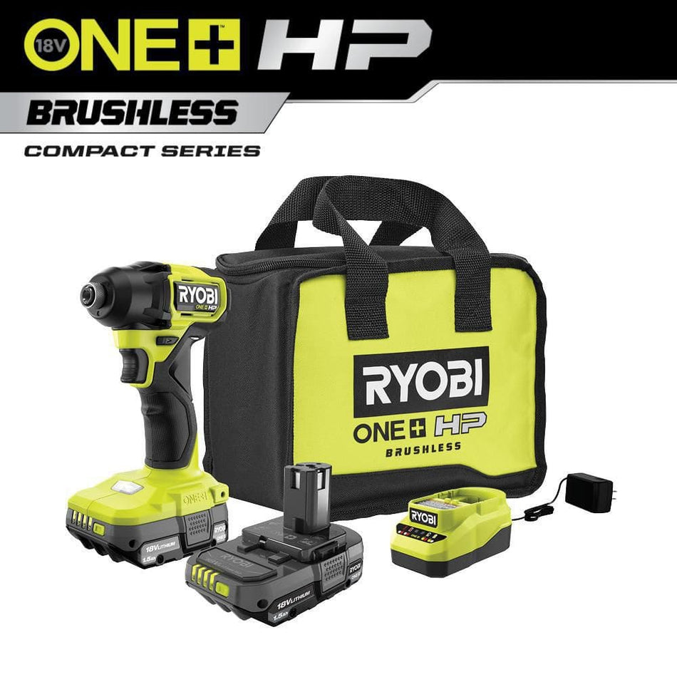 RYOBI ONE+ HP 18V Brushless Cordless Compact 1/4 in. Impact Driver Kit with (2) 1.5 Ah Batteries, Charger and Bag