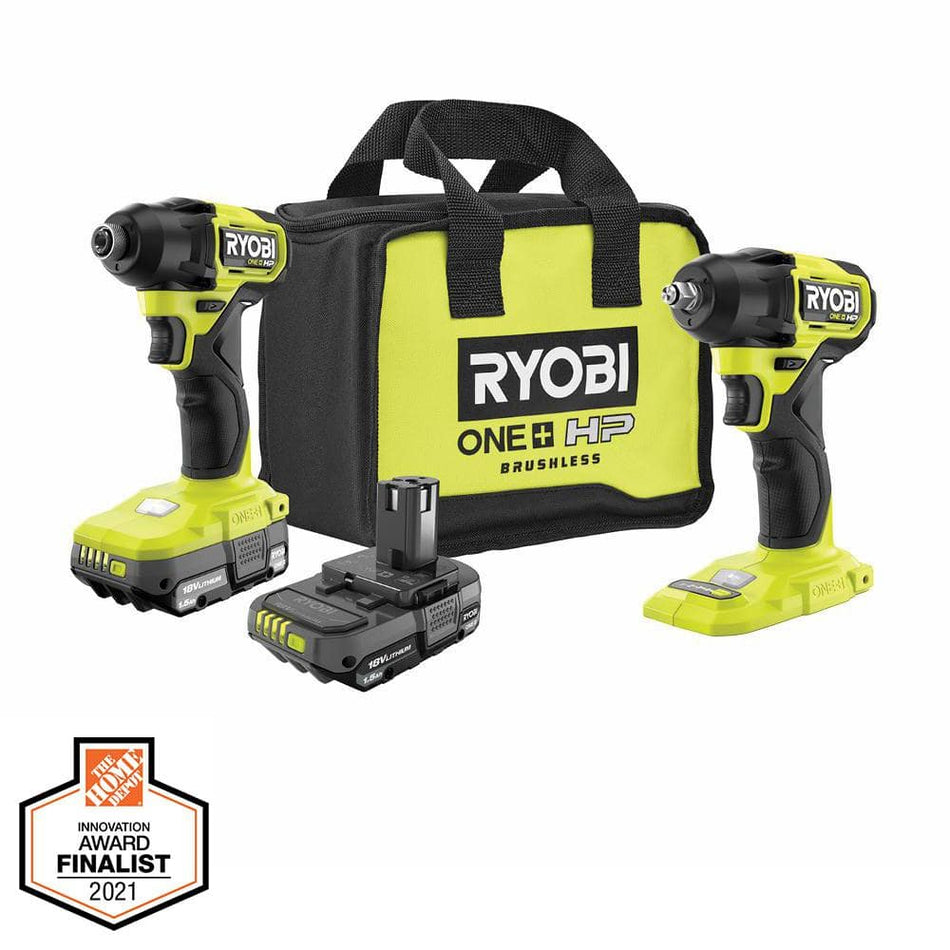 RYOBI ONE+ HP 18V Brushless Cordless Compact 1/4 in. Impact Driver, 3/8 in. Impact Wrench, (2) Batteries, Charger, and Bag