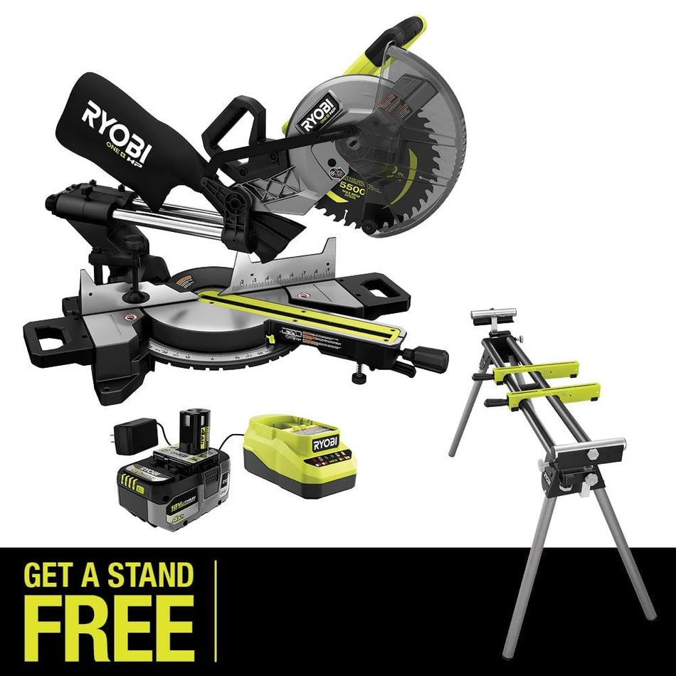 RYOBI ONE+ HP 18V Brushless Cordless 10 in. Sliding Compound Miter Saw Kit with 4.0 Ah Battery, Charger, and Miter Saw Stand