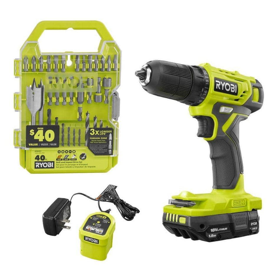 RYOBI ONE+ 18V Cordless 3/8 in. Drill/Driver Kit with 1.5 Ah Battery, Charger, and Drill and Impact Drive Kit (40-Piece)