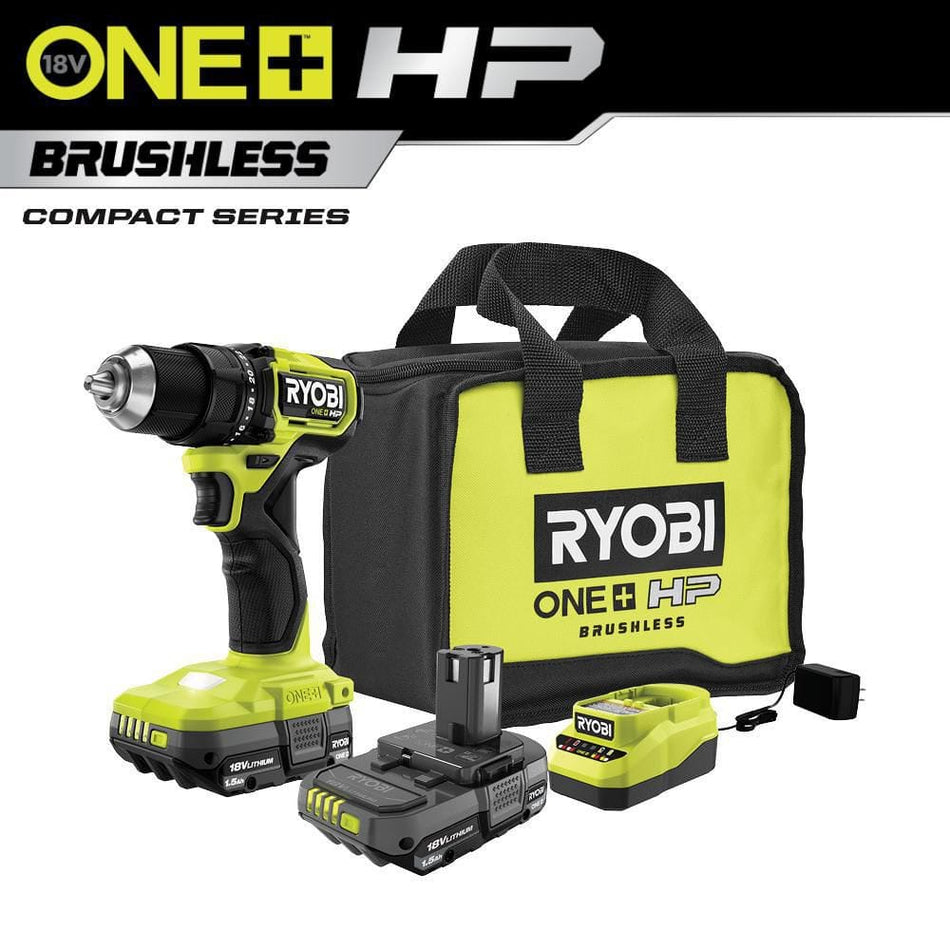 RYOBI ONE+ HP 18V Brushless Cordless Compact 1/2 in. Drill/Driver Kit with (2) 1.5 Ah Batteries, Charger and Bag