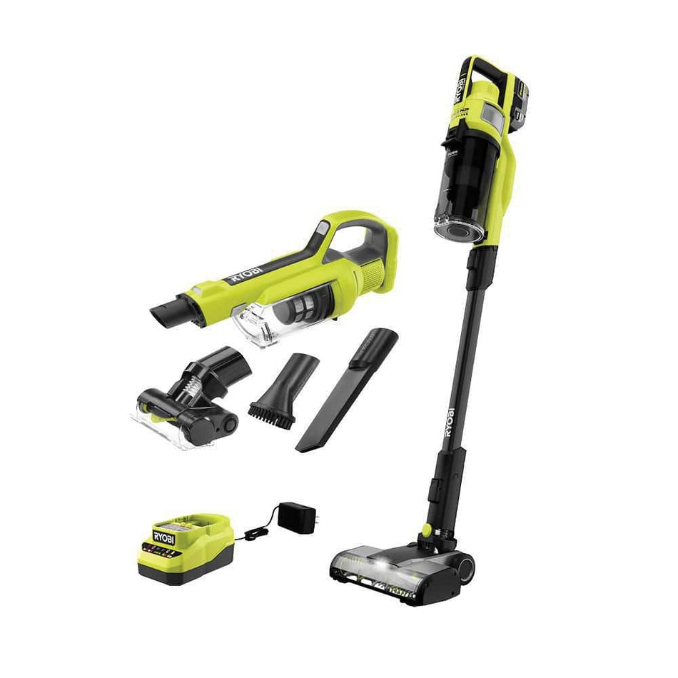 RYOBI ONE+ HP 18V Brushless Cordless Pet Stick Vacuum Cleaner Kit w/ Battery, Charger, & Cordless Hand Vacuum w/ Powered Brush