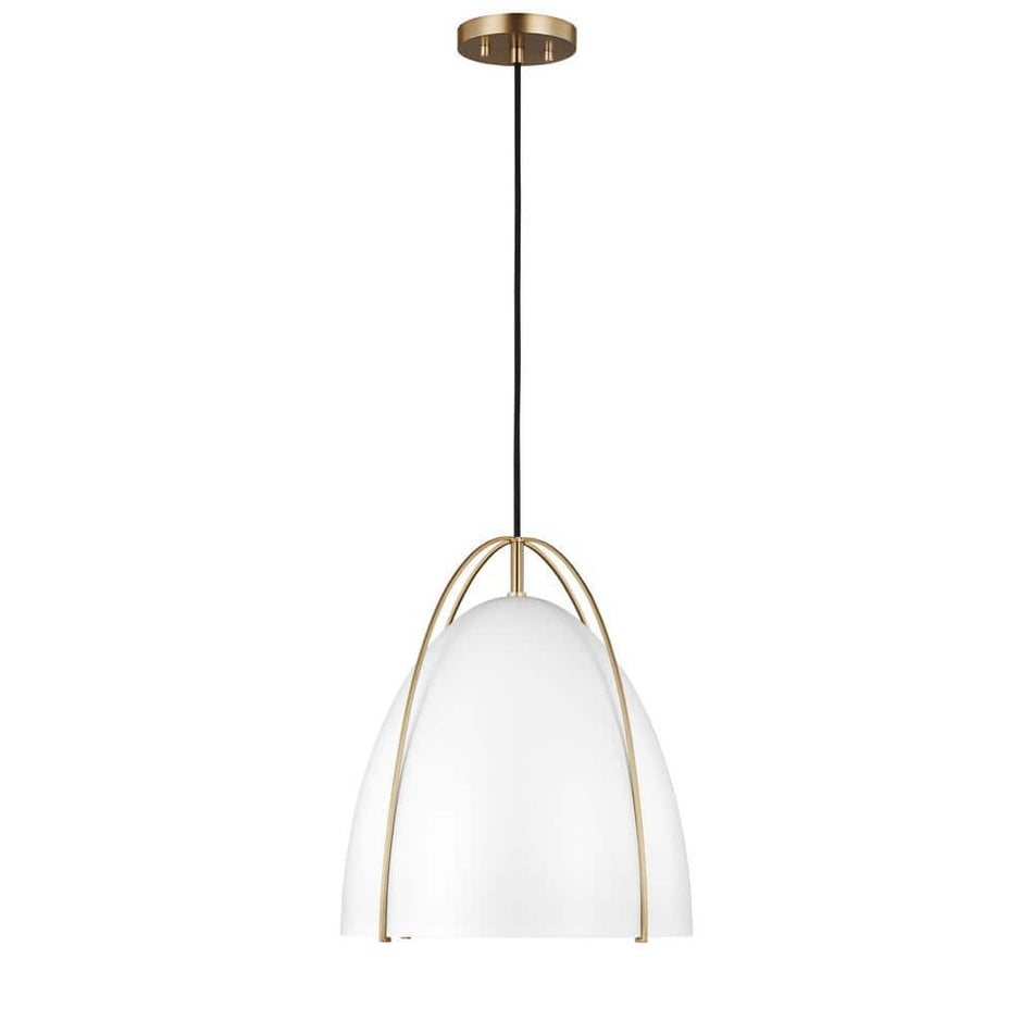 Generation Lighting Norman 1-Light Satin Brass Modern Industrial Hanging Pendant with White Metal Shade