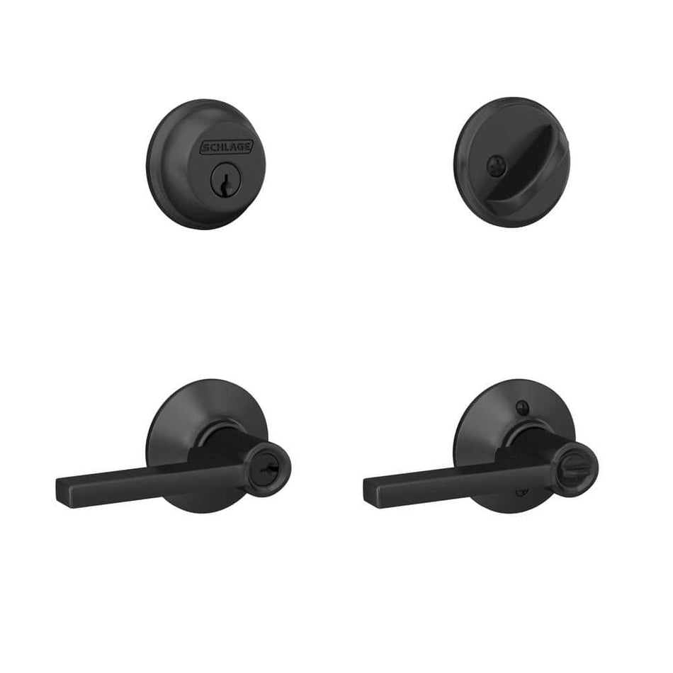 Schlage Latitude Matte Black Single Cylinder Deadbolt and Keyed Entry Door handle Combo Pack