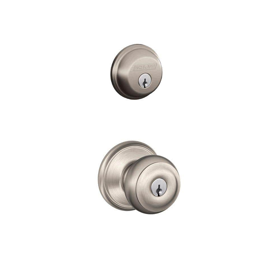 Schlage Georgian Satin Nickel Single Cylinder Deadbolt and Keyed Entry Door Knob Combo Pack