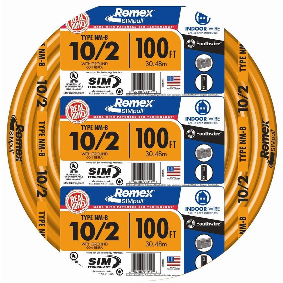 Southwire 100 ft. 10/2 Orange Solid Romex Simpull CU NM-B W/G Wire