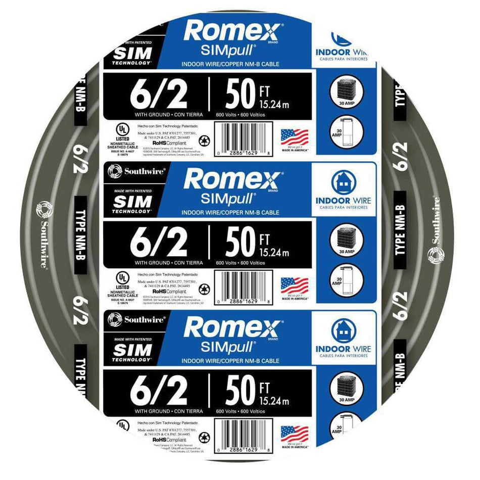 Southwire 50 ft. 6/2 Stranded Romex SIMpull CU NM-B W/G Wire