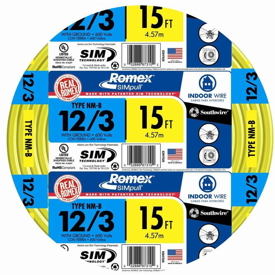 Southwire 15 ft. 12/3 Solid Romex SIMpull CU NM-B W/G Wire