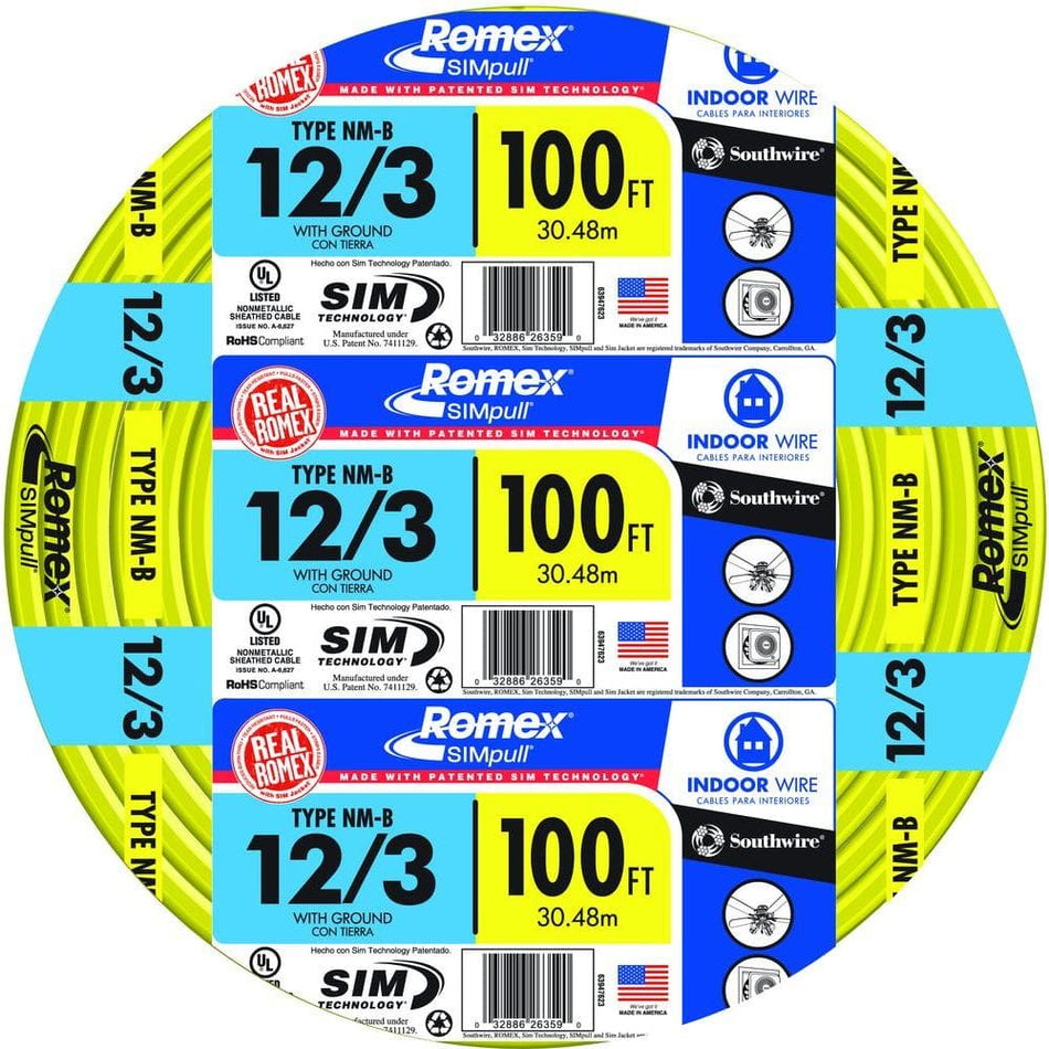 Southwire 100 ft. 12/3 Solid Romex SIMpull CU NM-B W/G Wire