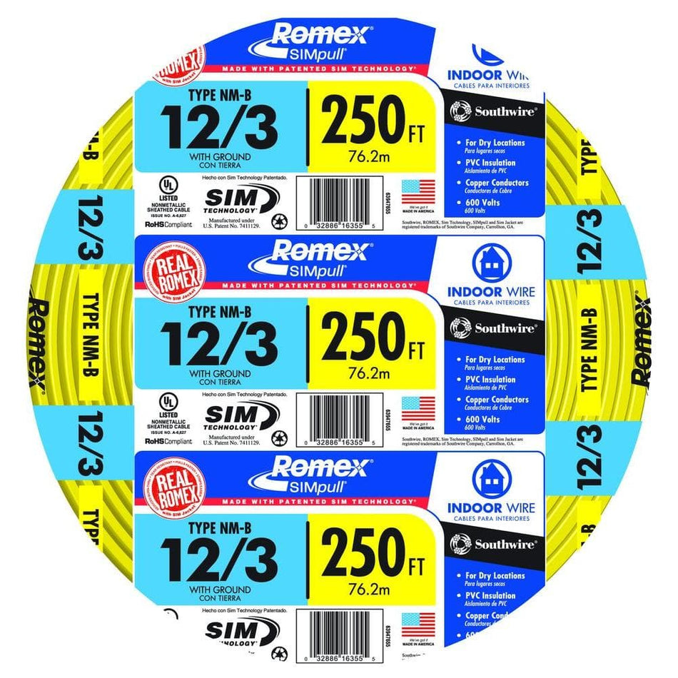 Southwire 250 ft. 12/3 Solid Romex SIMpull CU NM-B W/G Wire