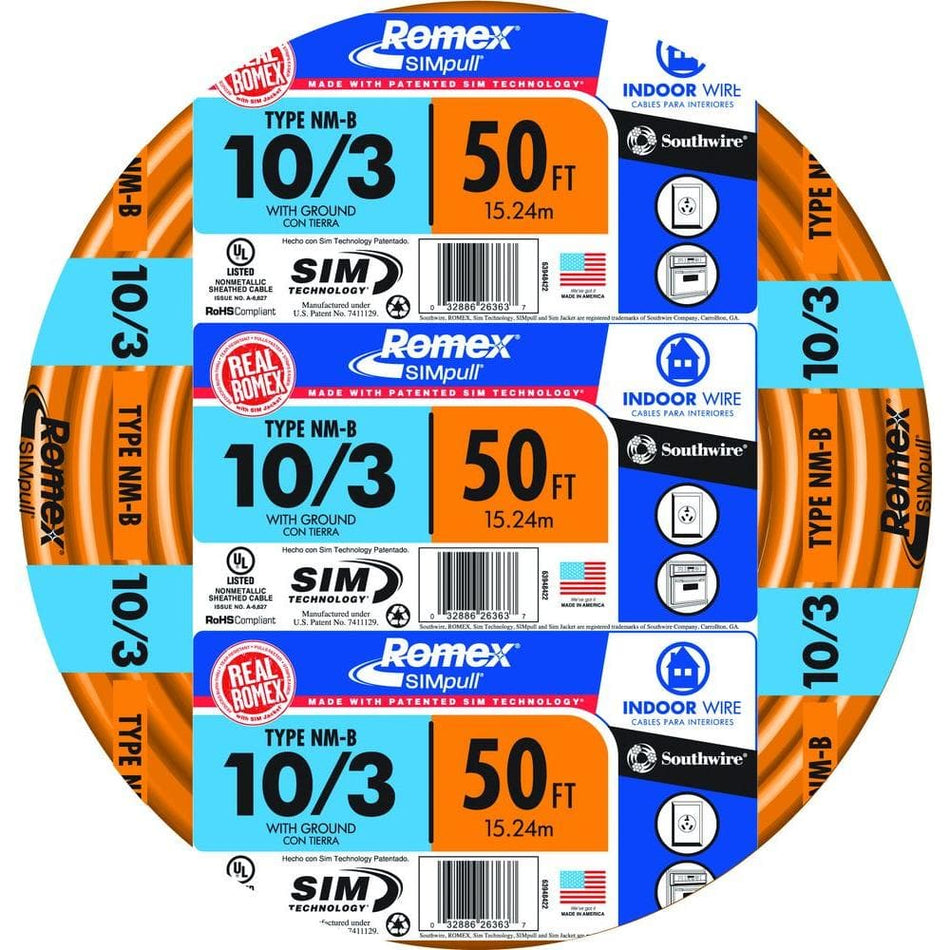 Southwire 50 ft. 10/3 Solid Romex SIMpull CU NM-B W/G Wire