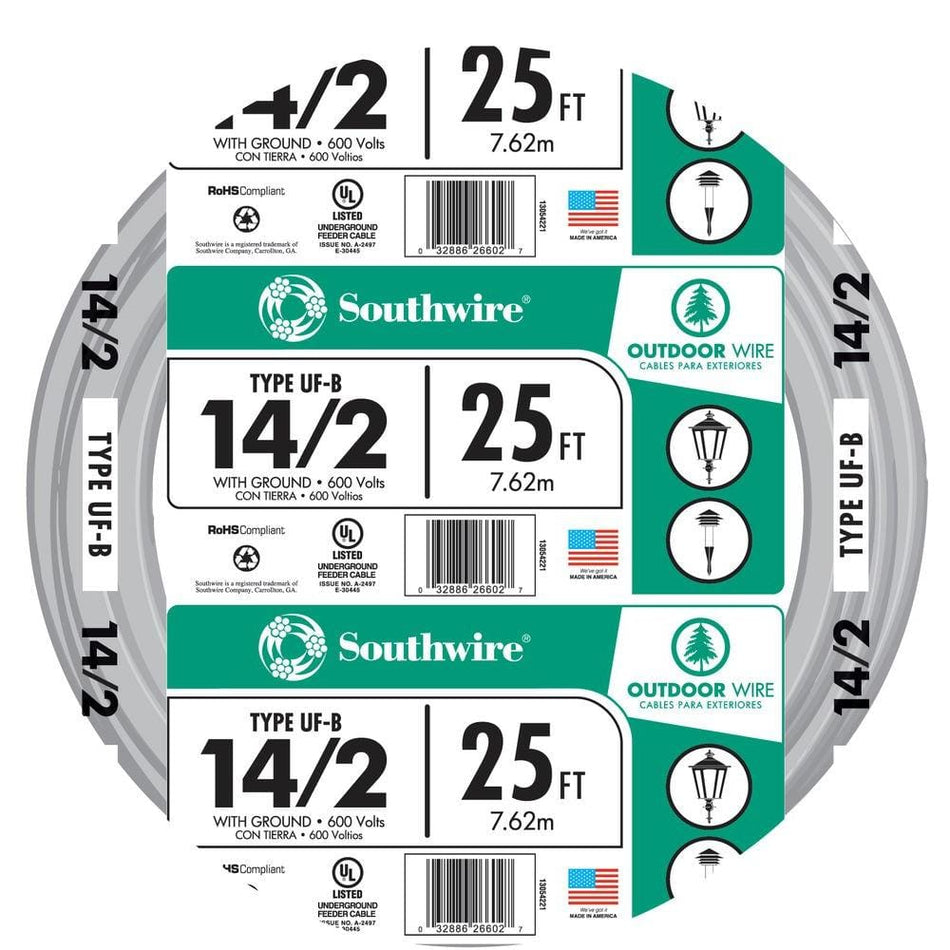 Southwire 25 ft. 14/2 Gray Solid CU UF-B W/G Wire