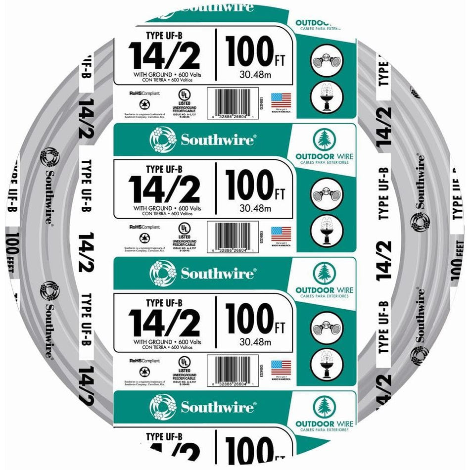 Southwire 100 ft. 14/2 Gray Solid CU UF-B W/G Wire