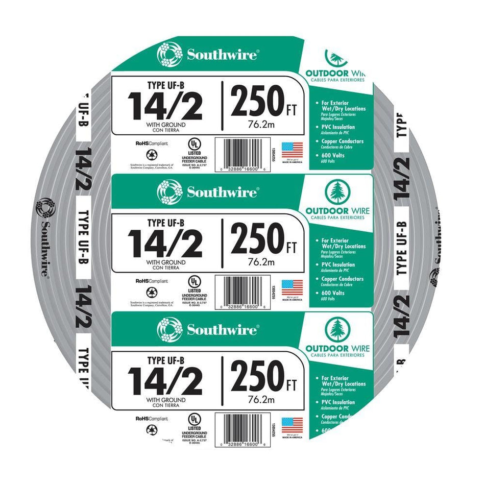 Southwire 250 ft. 14/2 Gray Solid CU UF-B W/G Wire