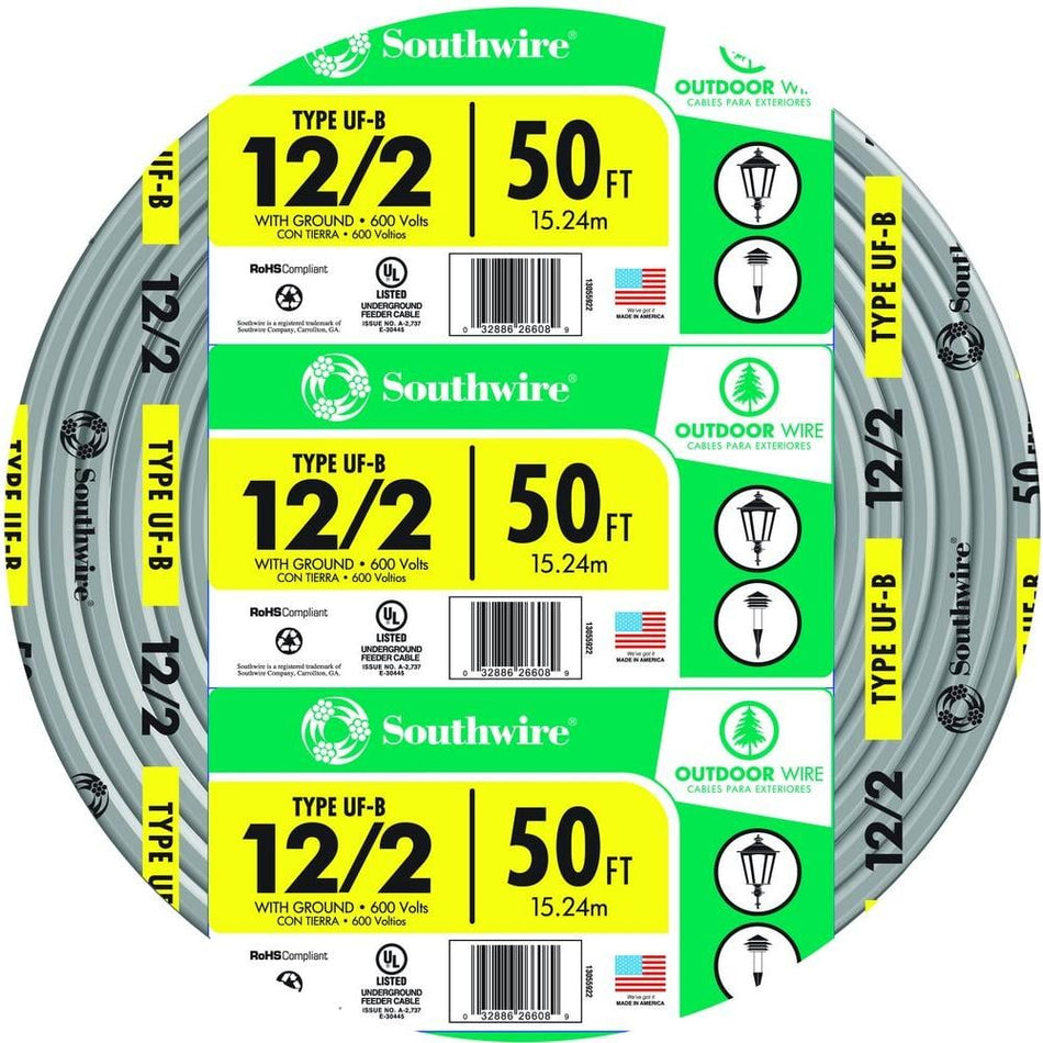 Southwire 50 ft. 12/2 Gray Solid CU UF-B W/G Wire