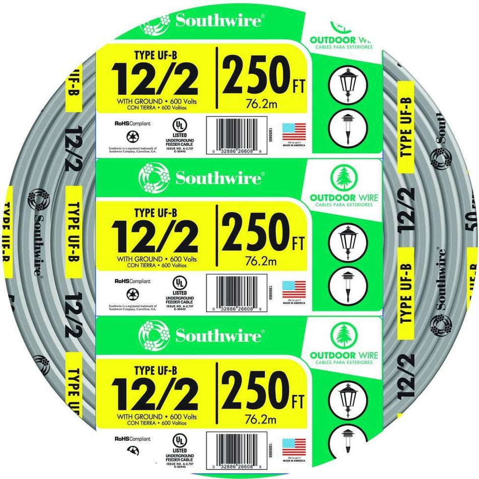 Southwire 250 ft. 12/2 Gray Solid CU UF-B W/G Wire